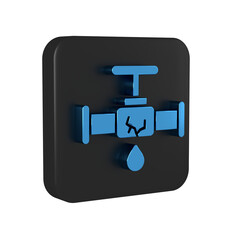 Blue Broken metal pipe with leaking water icon isolated on transparent background. Black square button.