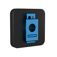 Obraz premium Blue Passport with ticket icon isolated on transparent background. Identification Document. Concept travel and tourism. Black square button.