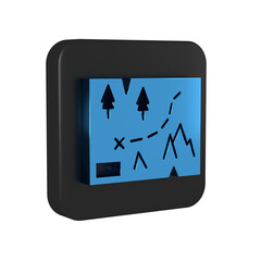 Blue Folded map with location marker icon isolated on transparent background. Black square button.
