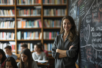 A passionate teacher, mid-40s, standing in front of a classroom filled with attentive students, her eyes sparkling with enthusiasm as she gestures towards a blackboard filled with colorful diagrams 