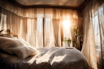 Sunlight filtering through sheer curtains onto a bed adorned with lace-trimmed sheets.