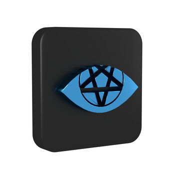 Blue Pentagram icon isolated on transparent background. Magic occult star symbol. Black square button.