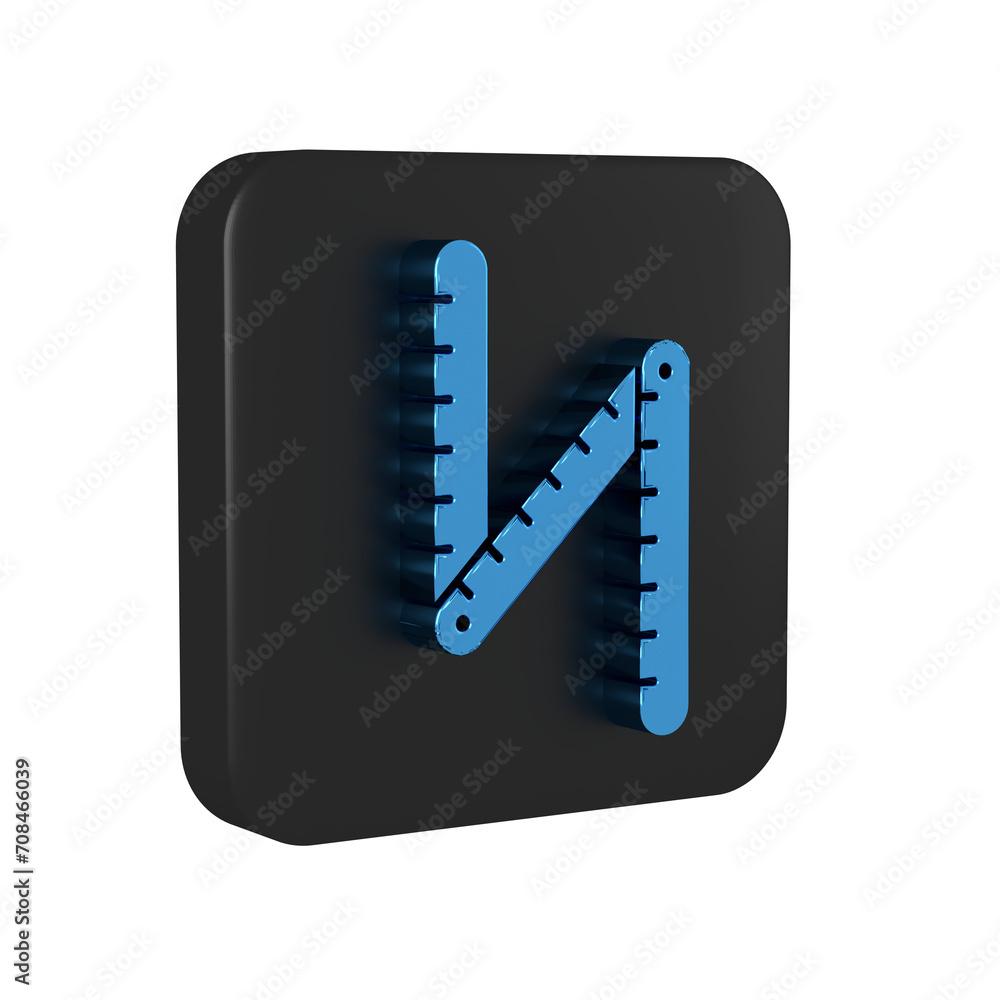 Poster blue folding ruler icon isolated on transparent background. black square button.