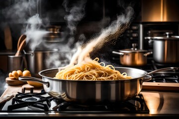 A  of boiling pasta on the stove, releasing steam into the air with the promise of a delicious meal. - obrazy, fototapety, plakaty