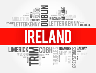 List of cities in Ireland word cloud collage, business and travel concept background