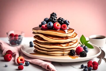 A mouthwatering stack of fluffy pancakes topped with fresh berries and maple syrup, set against a pale pink backdrop.