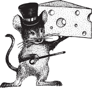 A mouse in a top hat and holding a piece of cheese with a cane. Black and white vector drawing. Retro drawing, vintage graphics.