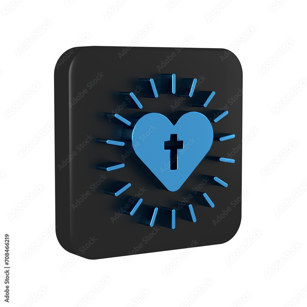 Poster Blue Christian cross and heart icon isolated on transparent background. Happy Easter. Black square button.