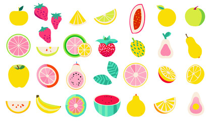 Fruit illustration set. Flat color, simple taste. Strawberries, oranges, lemons, watermelons, mangos, bananas, apples, etc.