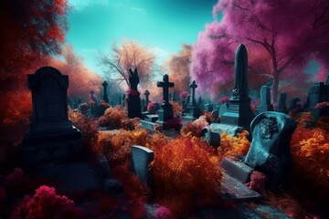 Colorful fantasy cemetery. Supernatural eccentric burial ground tombstones graveyard. Generate ai