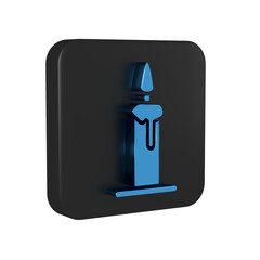 Blue Burning candle in candlestick icon isolated on transparent background. Cylindrical candle stick with burning flame. Black square button.