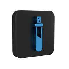 Blue Bottle with love potion icon isolated on transparent background. Valentines day symbol. Black square button.
