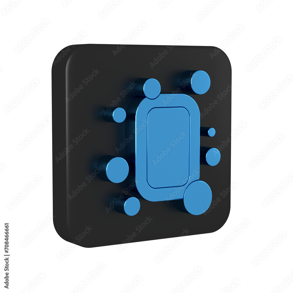 Poster blue bar of soap icon isolated on transparent background. soap bar with bubbles. black square button