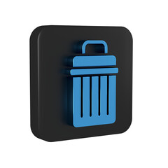 Blue Trash can icon isolated on transparent background. Garbage bin sign. Recycle basket icon. Office trash icon. Black square button.