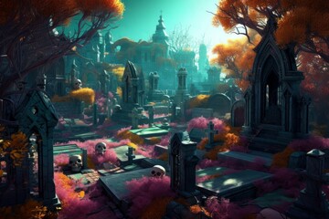 Colorful fantasy horror graveyard. Vivid surreal mystic cemetery necropolis. Generate ai - obrazy, fototapety, plakaty