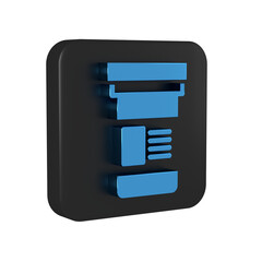 Fototapeta premium Blue Medicine bottle icon isolated on transparent background. Bottle pill sign. Pharmacy design. Black square button.