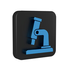 Blue Microscope icon isolated on transparent background. Chemistry, pharmaceutical instrument, microbiology magnifying tool. Black square button.