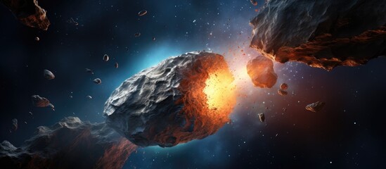 Deep space asteroid or meteorite depicted in science fiction art, with a high-resolution surface against a rendered space background.