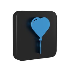 Blue Balloon in form of heart with ribbon icon isolated on transparent background. Valentines day. Black square button.