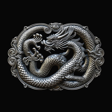 a dragon silver buckle on a black background