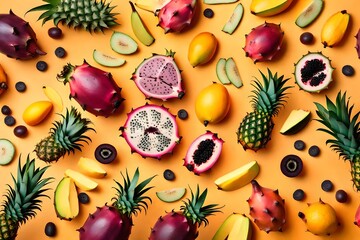 High-resolution capture of a tropical fruit platter with exotic fruits like dragon fruit, mango, and pineapple on a pastel orange background.