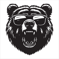 Bear head , Black and white silhouette of an angry bear head with sunglasses