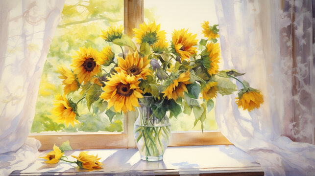 
Vibrant sunflowers arranged in a vintage porcelain vase, placed on a sunlit windowsill with a light breeze gently swaying the curtains