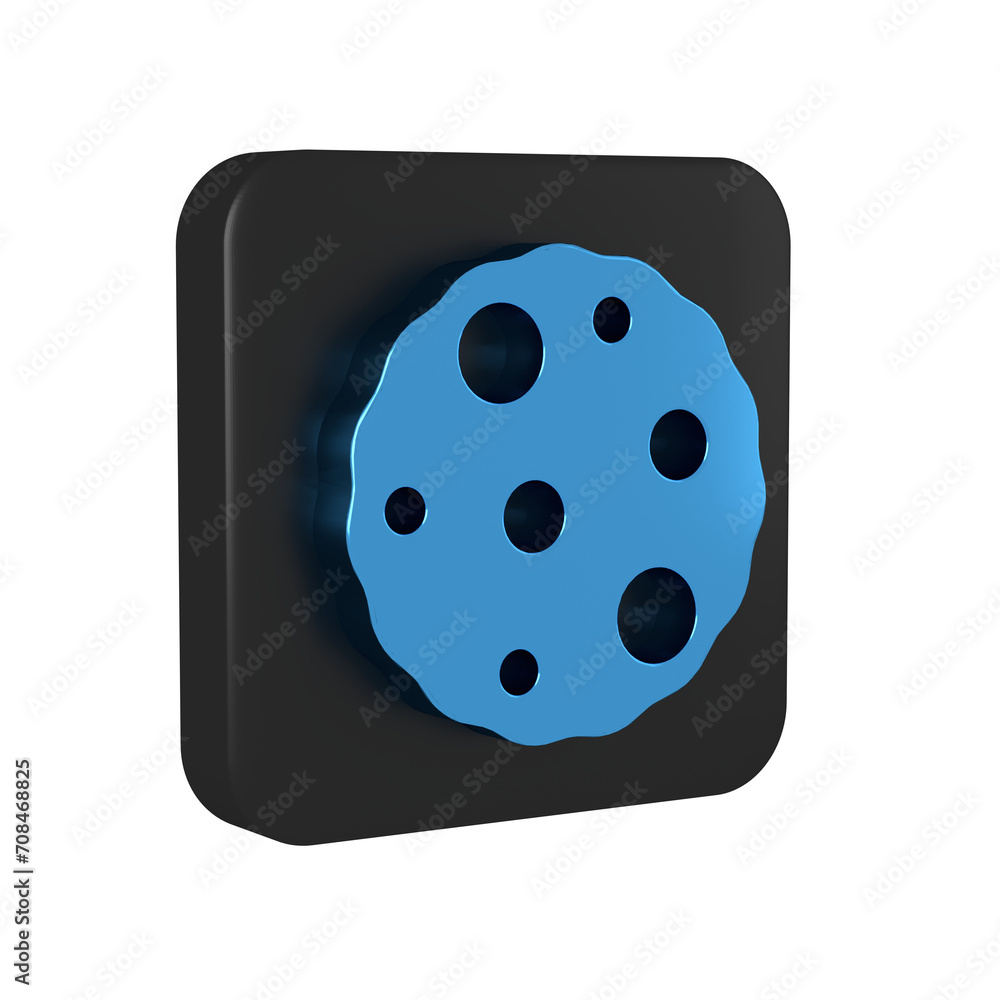 Poster blue cookie or biscuit with chocolate icon isolated on transparent background. black square button.