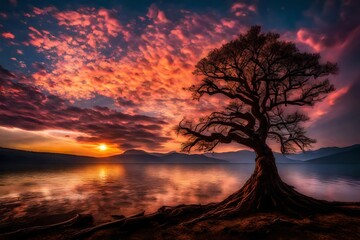 A solitary tree standing against a dramatic sunset, with its silhouette etched against the colorful sky.