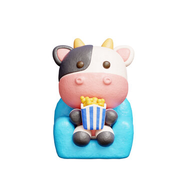 3D cute cow watching a movie, Cartoon animal character, 3D rendering.
