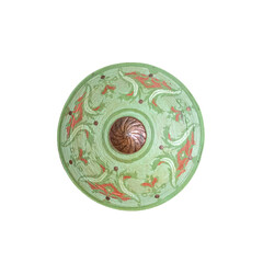 Green round medieval shield with ornament isolated