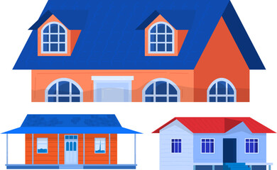 Three different styles of houses, colorful suburban homes, front view. Residential real estate, various architecture designs vector illustration.