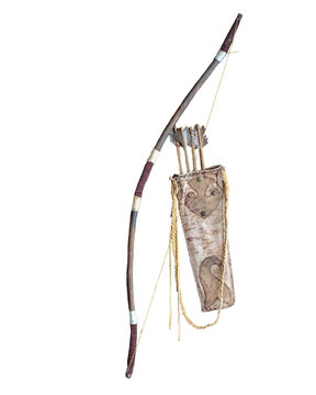 medieval bow, quiver and arrows isolated