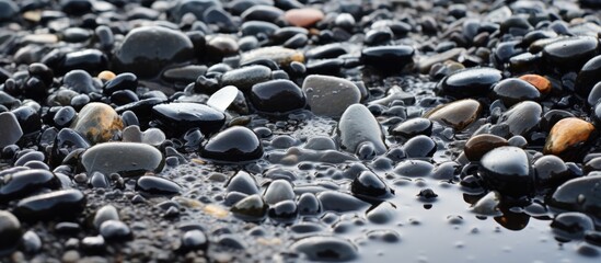 Engine oil was spilled on the roadside pebbles.