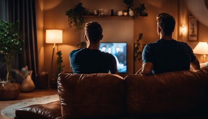 at home group of soccer fans on couch watch sport game on TV, online bet, celebrate when team wins championship. Friends cheer eat snacks, watch favorite football club play. AI