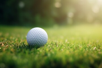 Obraz premium Close-up Golf Ball on Tee with Bokeh Green Background - Sports Concept for Golf Enthusiasts
