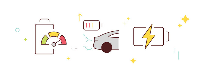 Batteries, car charge, recycle, voltage, phone battery charging, battery life symbol illustration.	