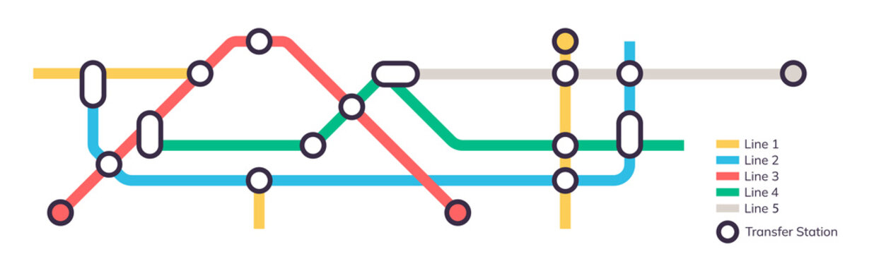 Scheme of metro stations and plan of subway with colorful lines, fictional metro map of underground, layout of public passenger transport routes, subway train tracks plan flat illustration.	
