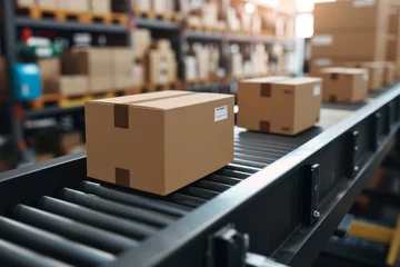 Fotobehang A cardboard box on a conveyor belt in a large warehouse. © IMAGE