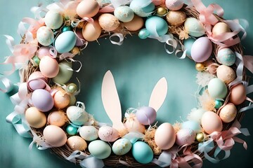 A close-up of a homemade Easter wreath with delicate pastel-colored ribbons and ornaments.