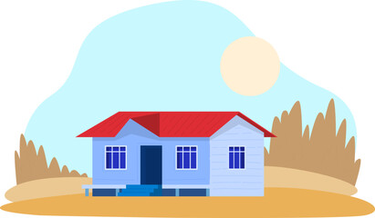 Small blue house with red roof in a countryside setting at daytime. Simple rural home with nature background vector illustration.