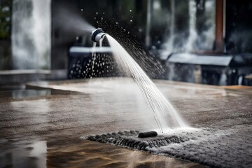 A detailed image of a high-pressure washer in action, cleaning a grimy surface with a powerful jet of water. - obrazy, fototapety, plakaty