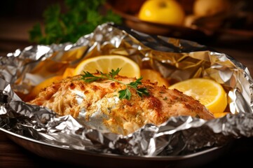 French baked fries fish dish. Gourmet gastronomy roasted fish fillet with potatoes. Generate ai
