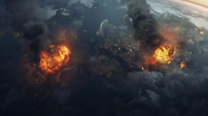 World map with explosions in places of armed conflicts