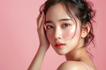 Fototapeta premium Studio portrait of a beautiful young Asian woman with cosmetics makeup or skin care on her face that makes her look pretty isolated on clean studio background.