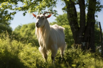 Goat grazing in radiant summer meadow beneath shady, majestic trees, embodying tranquility