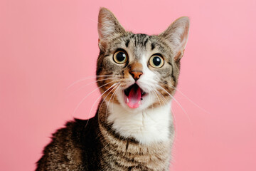 Fototapeta na wymiar Adorable Astonished Tabby Cat with Mouth Open on Pink Background