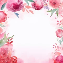 Fotobehang Floral watercolor frame with spring rose flowers and leaves on pink background. St Valentines, Women's, Mothers day. Romantic backdrop for wedding greeting card, banner, template with copy space © ratatosk
