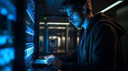 Young fit handsome man engineer checking server in server room