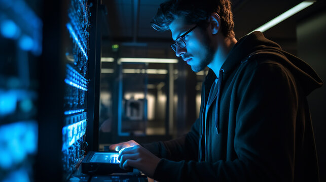 Young fit handsome man engineer checking server in server room